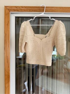 NWT BA&SH Cream Crochet “Kamil” Puff Sleeve Knit Top